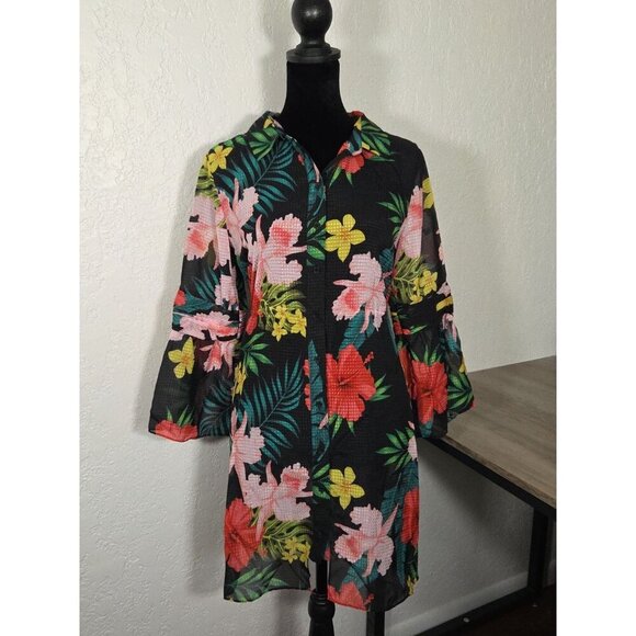 Soft Surroundings Button Down Sheer Tropical Moonlight Tunic Size XS With Tie - Picture 2 of 9